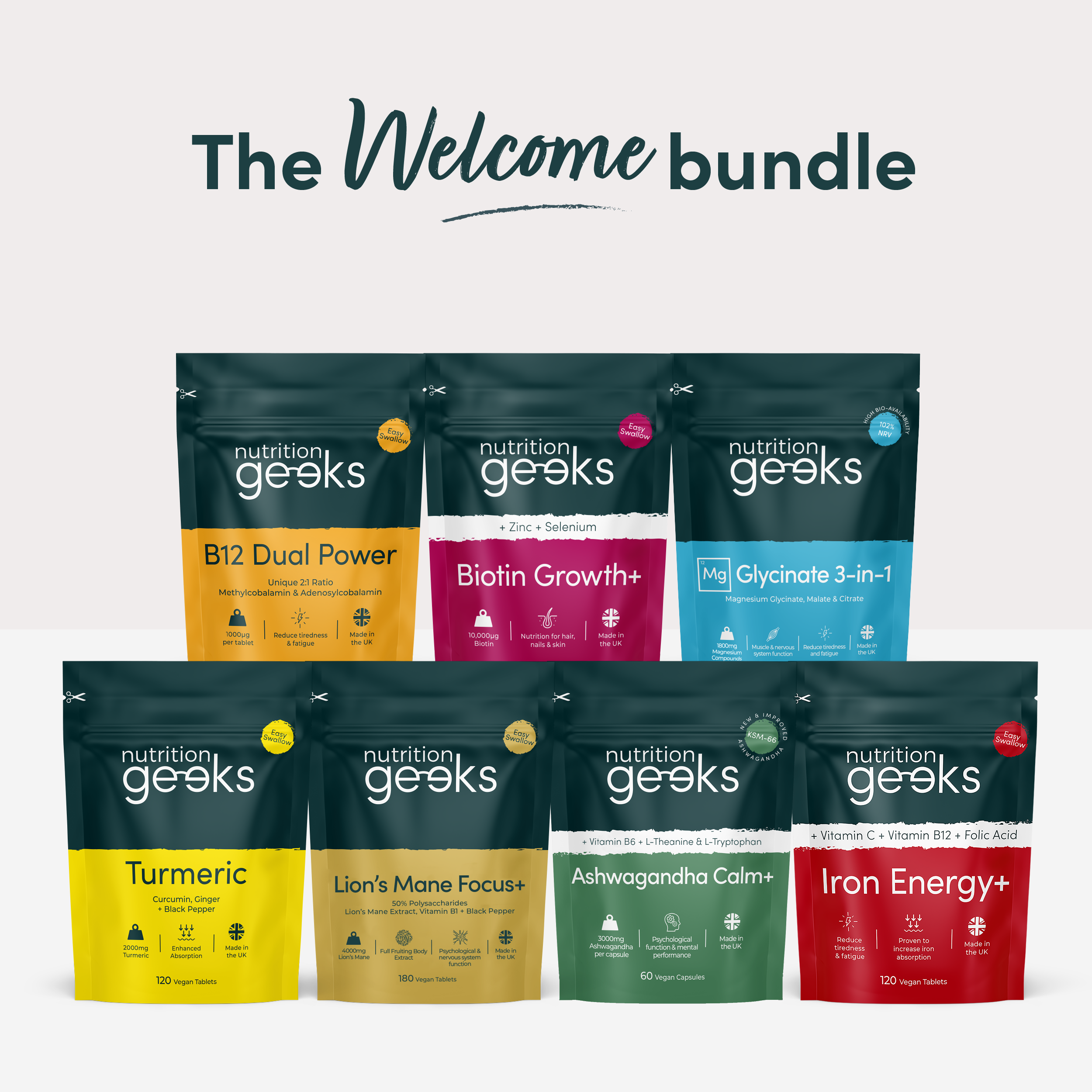 Seven nutrition supplement packages with 'The Welcome Bundle' text above.